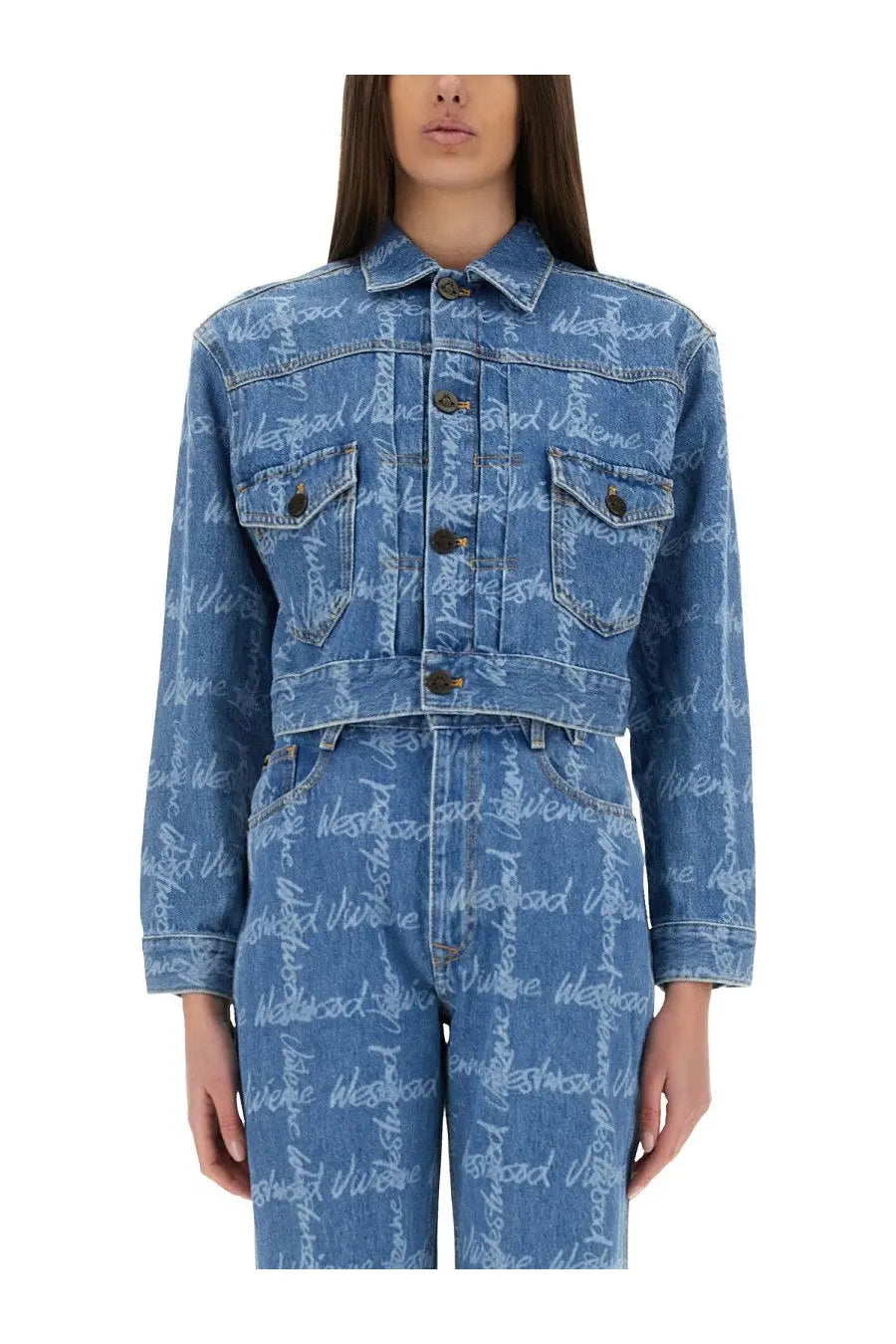 Vivienne Westwood women’s cropped blue denim jacket with repeating westwood script print across fabric