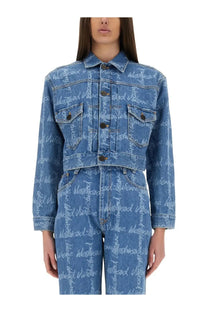 Vivienne Westwood women’s cropped blue denim jacket with repeating westwood script print across fabric
