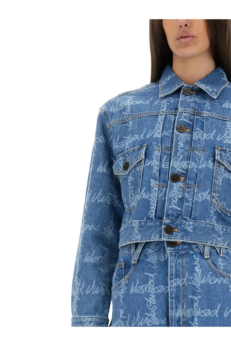 Vivienne westwood women’s cropped denim jacket in marlene blue with repeating westwood script print