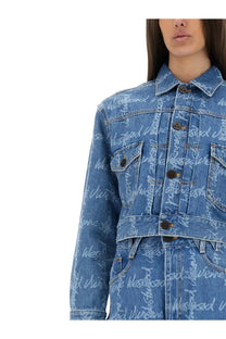 Vivienne westwood women’s cropped denim jacket in marlene blue with repeating westwood script print