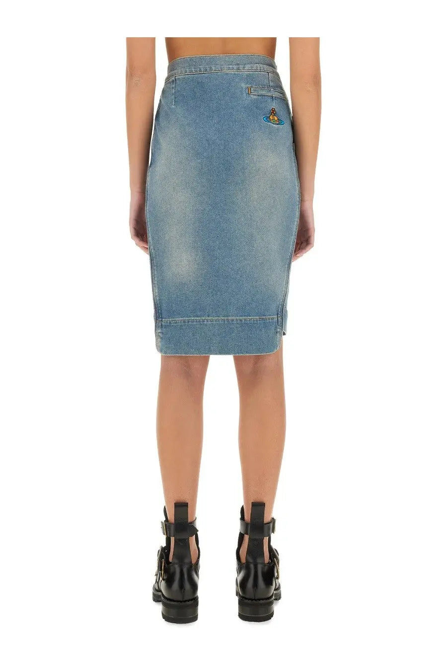 Back view of vivienne westwood women’s light-wash denim midi pencil skirt with fitted silhouette and embroidered logo