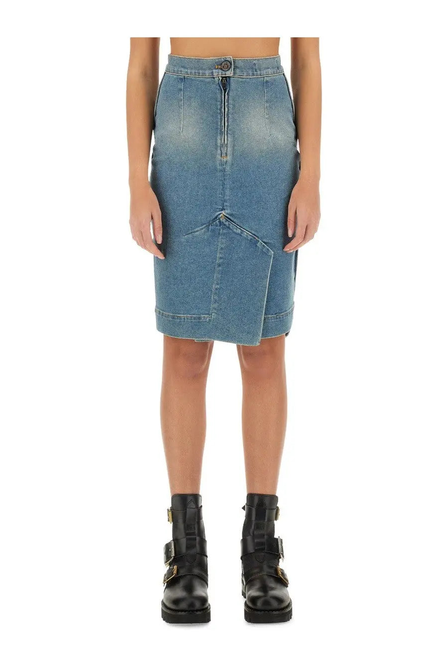 Vivienne Westwood women’s mid-thigh length denim skirt in faded blue with asymmetrical front flap detail