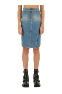 Vivienne Westwood women’s mid-thigh length denim skirt in faded blue with asymmetrical front flap detail