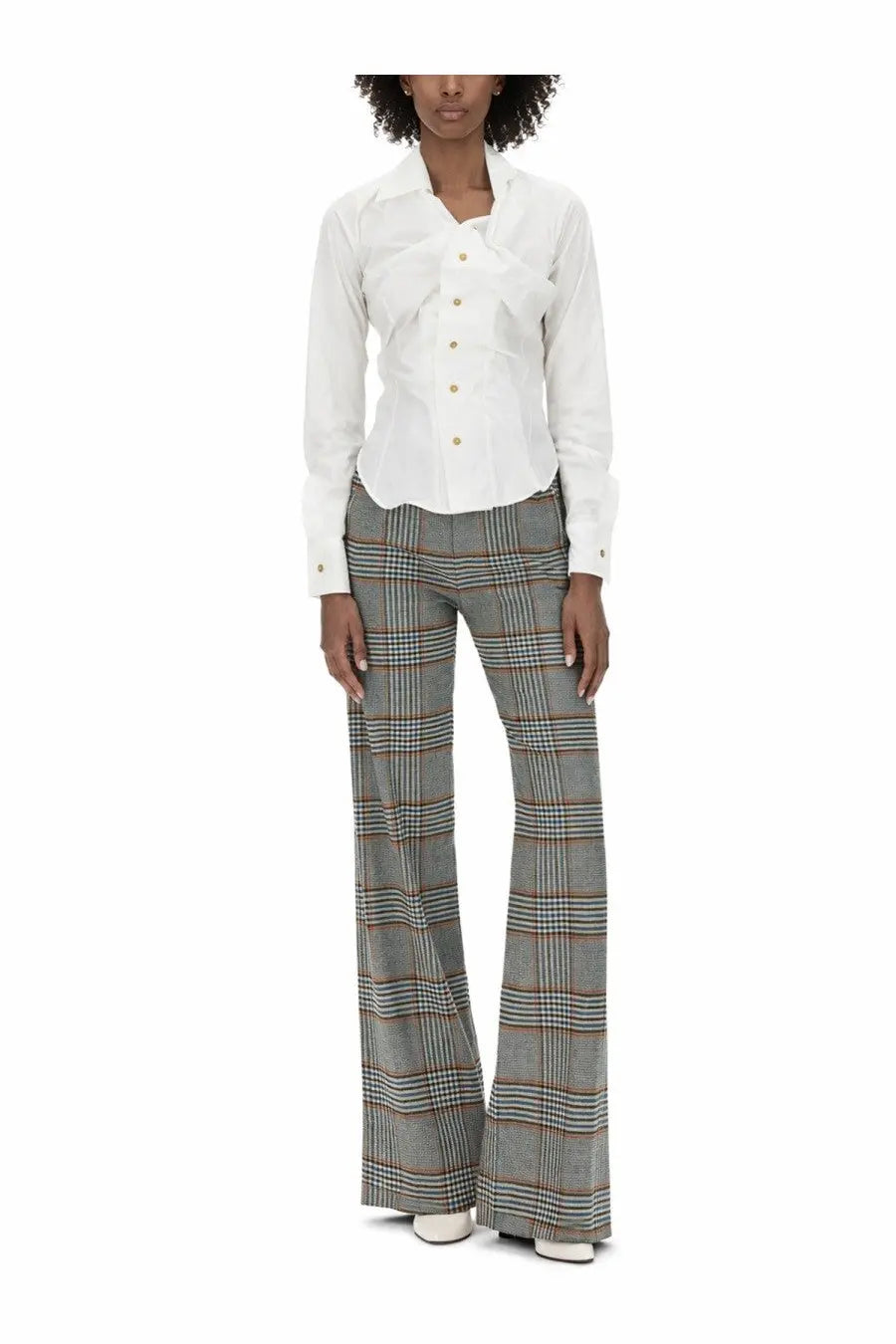 White button-down blouse with ruffled front and long sleeves from Vivienne Westwood womens drunken shirt white collection