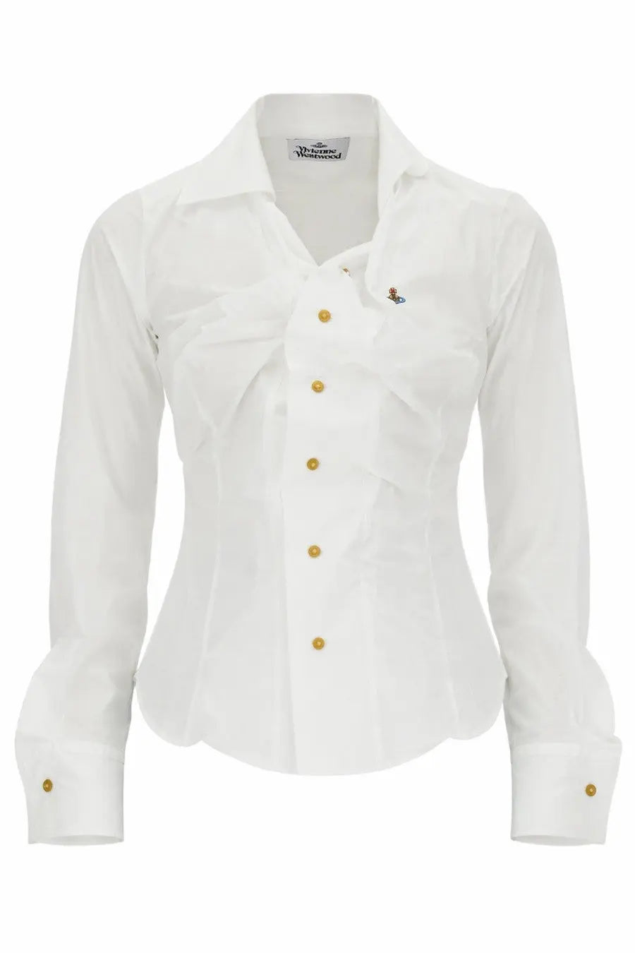 Vivienne Westwood women’s white long-sleeved button-down shirt with gold buttons and embroidered logo on left chest