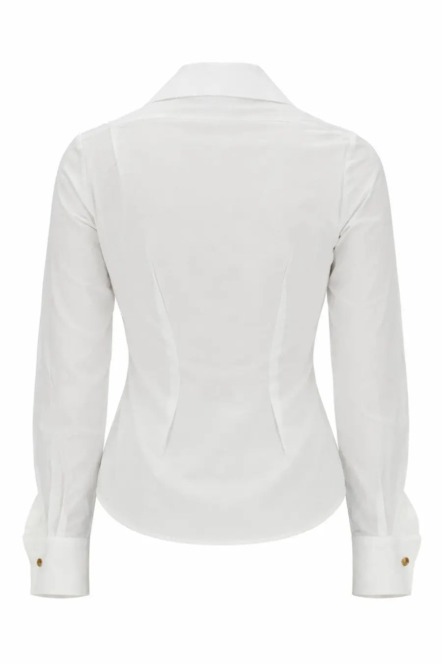 Vivienne Westwood women’s white tailored long-sleeve blouse with subtle back pleats and gold-toned button cuffs