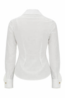 Vivienne Westwood women’s white tailored long-sleeve blouse with subtle back pleats and gold-toned button cuffs