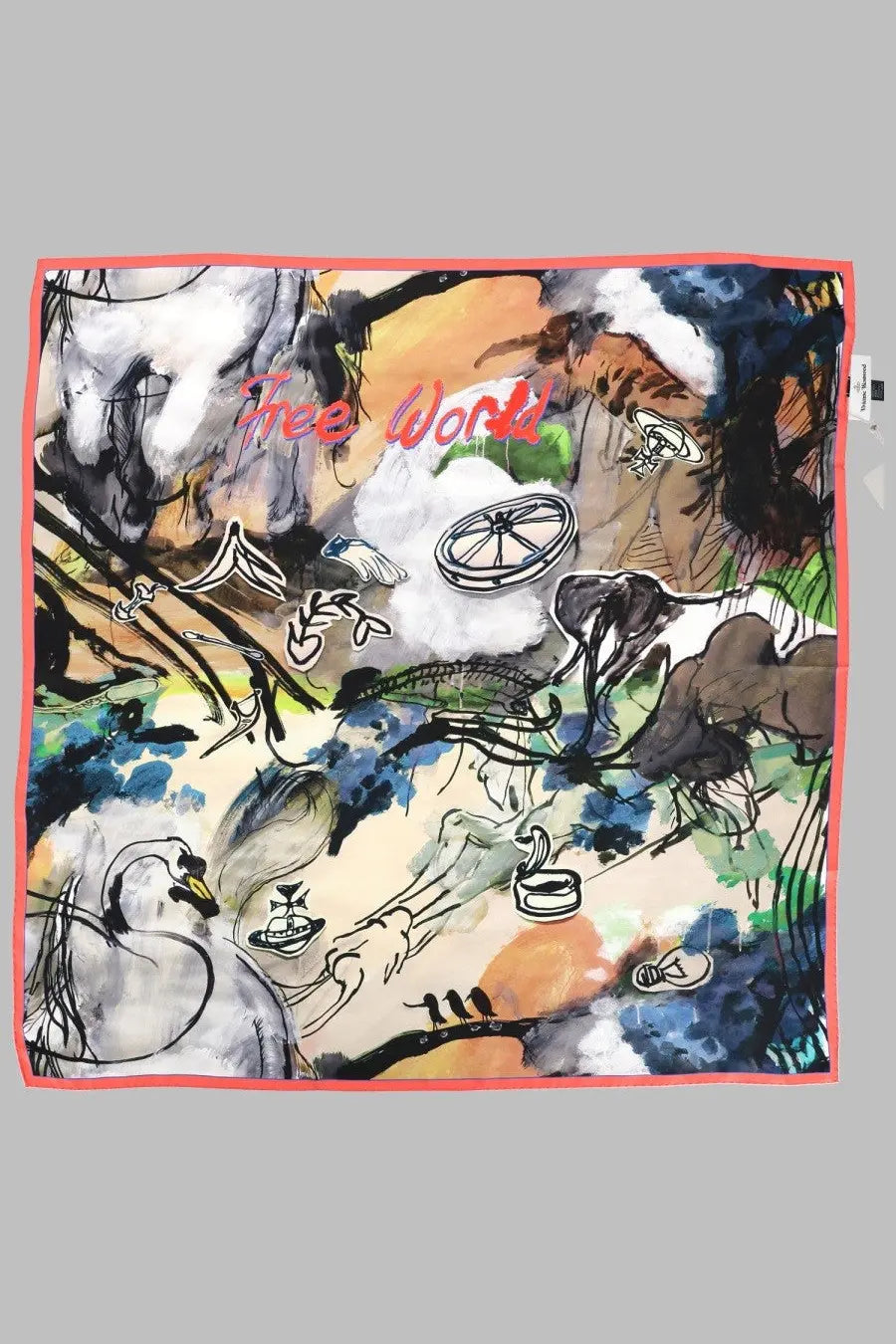 Vivienne westwood women’s foulard quadrato free world multicolor vibrant abstract square scarf with coral border and surreal swan design