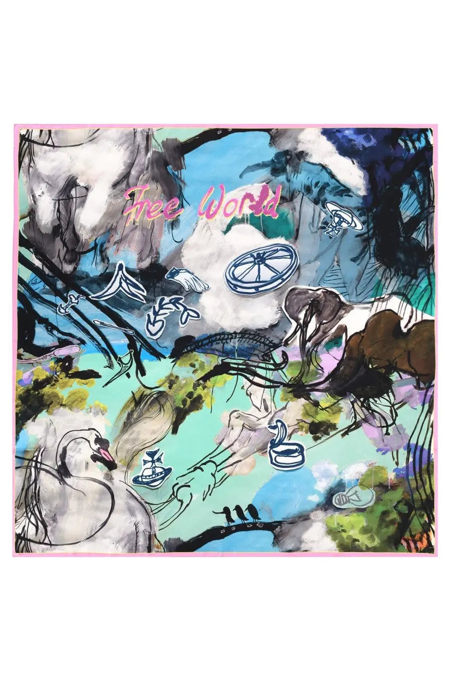 Vivienne Westwood women’s multicolor silk foulard scarf with pink border and surreal swans wheels design free world text
