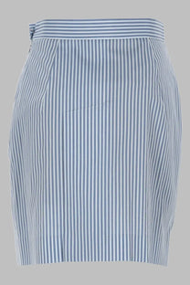 Vivienne westwood women’s gonna crotch blue fitted knee-length skirt with classic blue and white vertical stripes and waistband