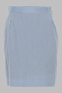 Vivienne Westwood women’s fitted pencil skirt in blue and white vertical stripes with matching waistband and button closure