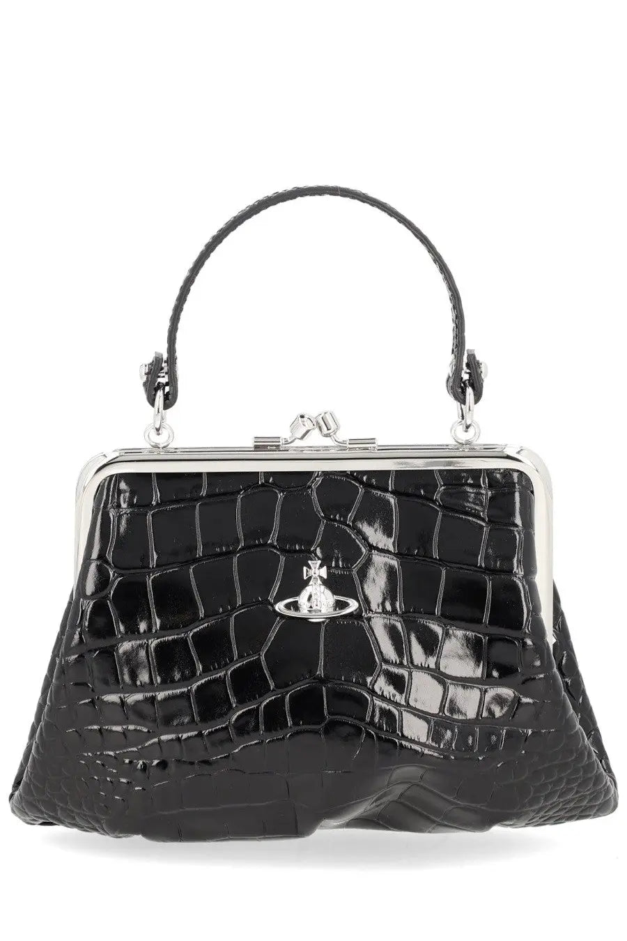 Vivienne Westwood women’s granny frame bag black crocodile-embossed patent leather with silver frame and orb logo