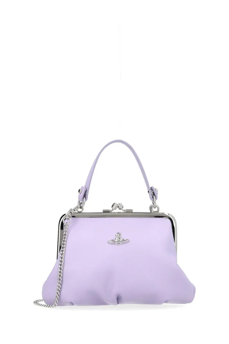 Lavender vivienne westwood womens granny frame bag with silver metal frame and chain strap in leather material