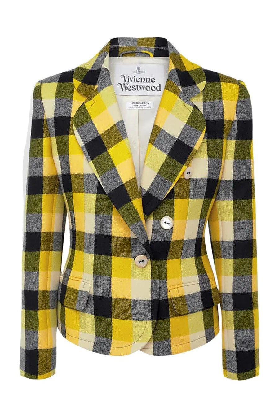 Vivienne westwood women’s jacket georgia in bold yellow black and grey plaid with matching buttons