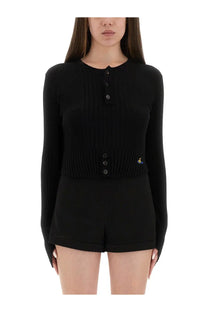 Vivienne westwood women’s black ribbed knit cardigan with button front and small embroidered logo on left side
