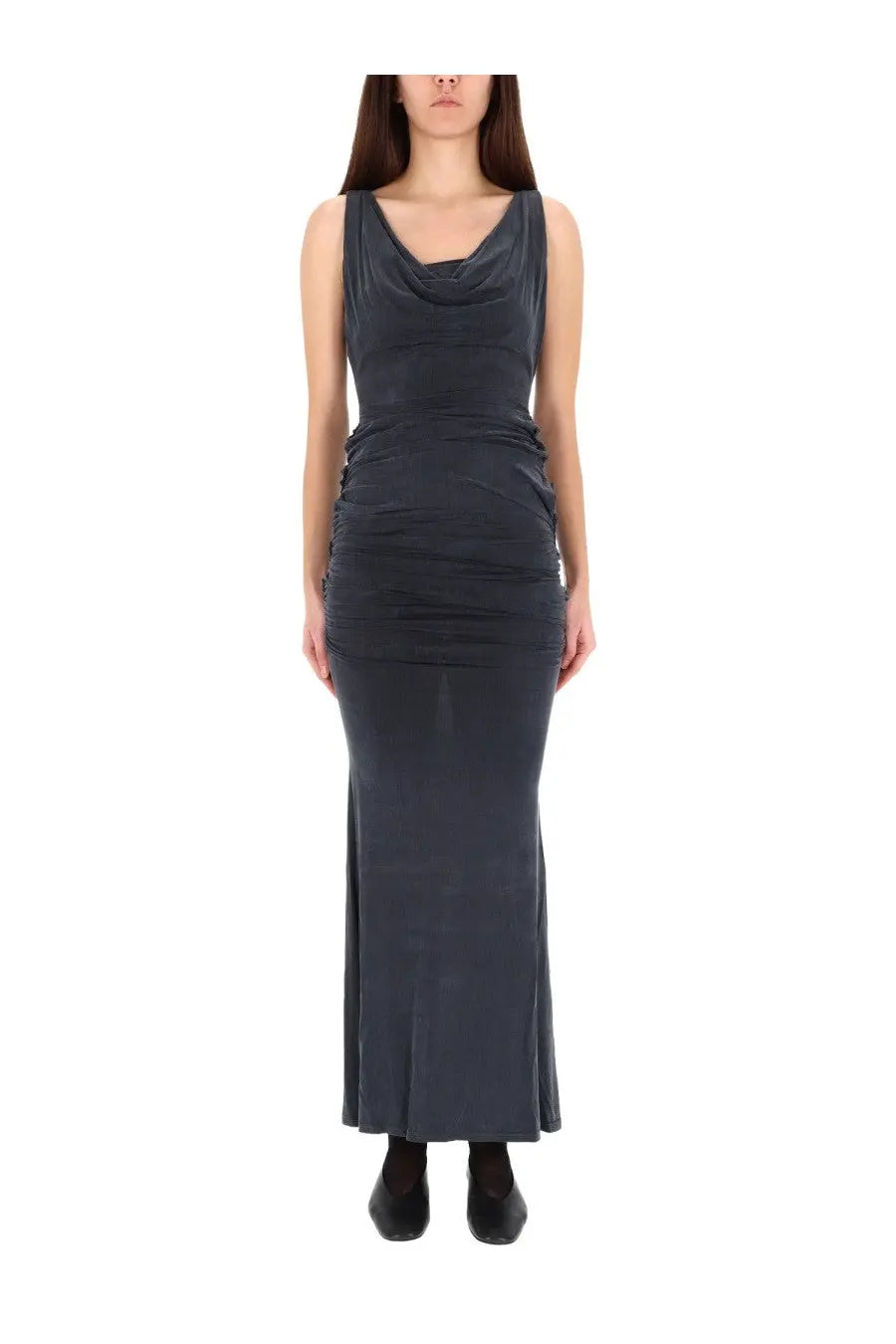 Vivienne Westwood women’s liz long dress in black features a sleeveless draped cowl neckline with ruched sides