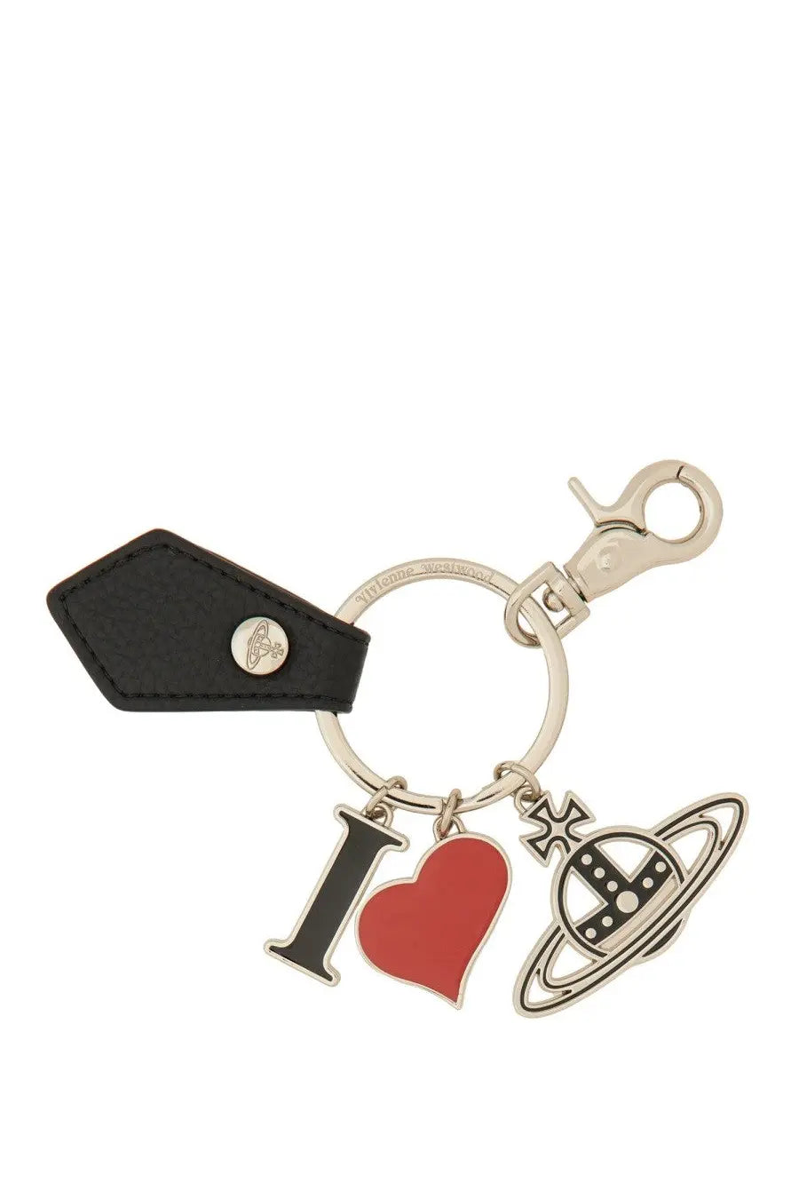 Vivienne Westwood women’s love orb keychain in black leather with silver button and i love charm featuring Venus emblem