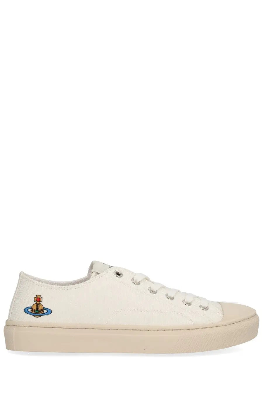 Vivienne westwood women’s low top plimsoll sneaker white canvas with beige rubber sole and embroidered logo on side