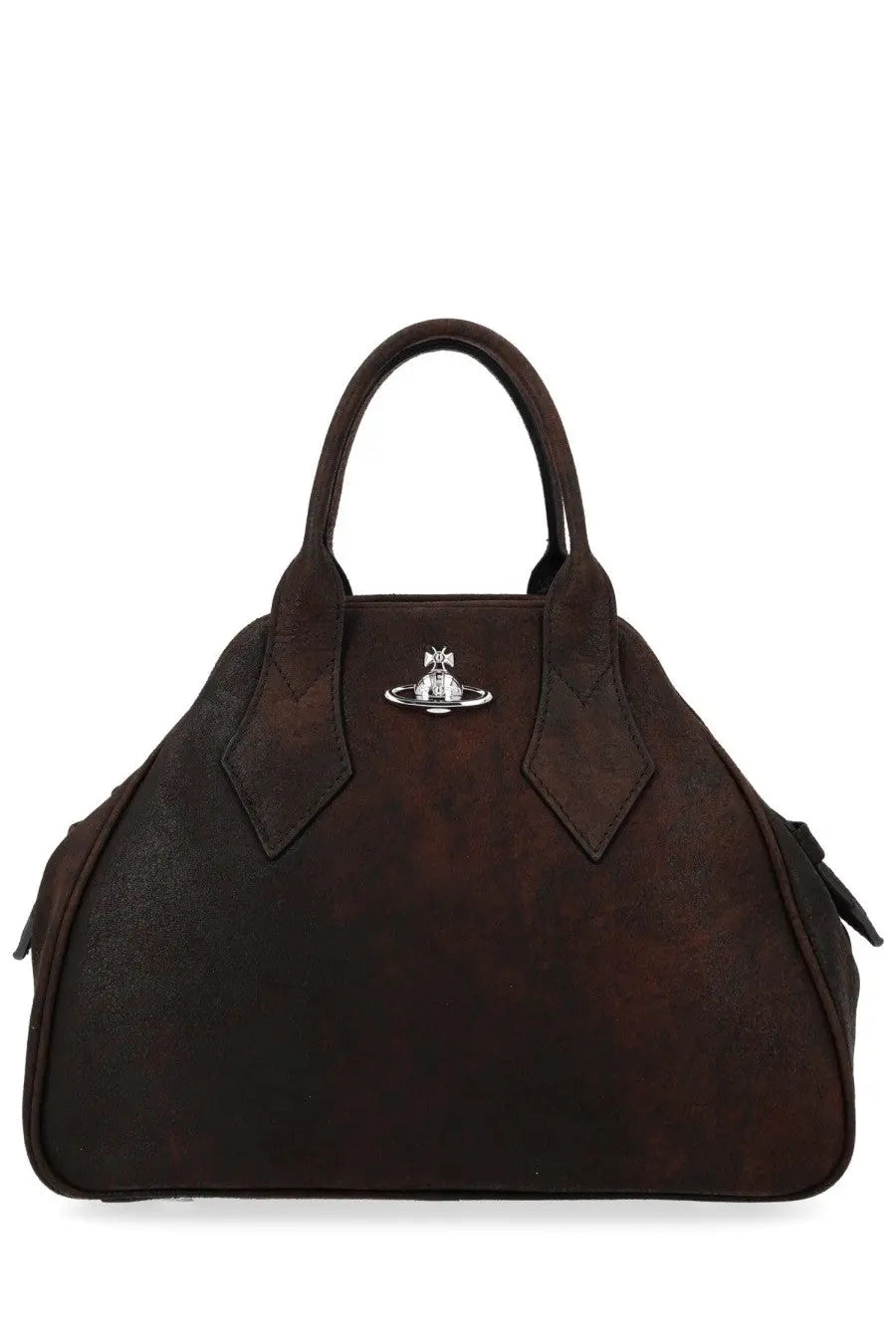 Brown leather vivienne westwood medium yasmine handbag with silver orb logo emblem
