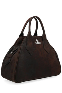 Vivienne Westwood women’s medium brown suede yasmine bag with silver orb logo emblem on the front