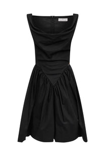 Vivienne Westwood women’s mini dress Sunday black satin with sleeveless draped neckline and flared skirt