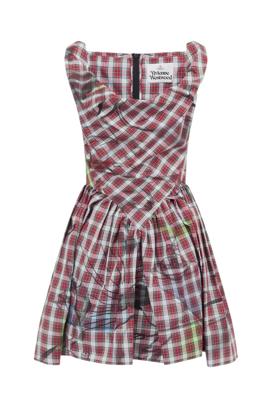 Vivienne Westwood women’s mini dress featuring a sleeveless fitted bodice and flared skirt in red white plaid with black ink splatters