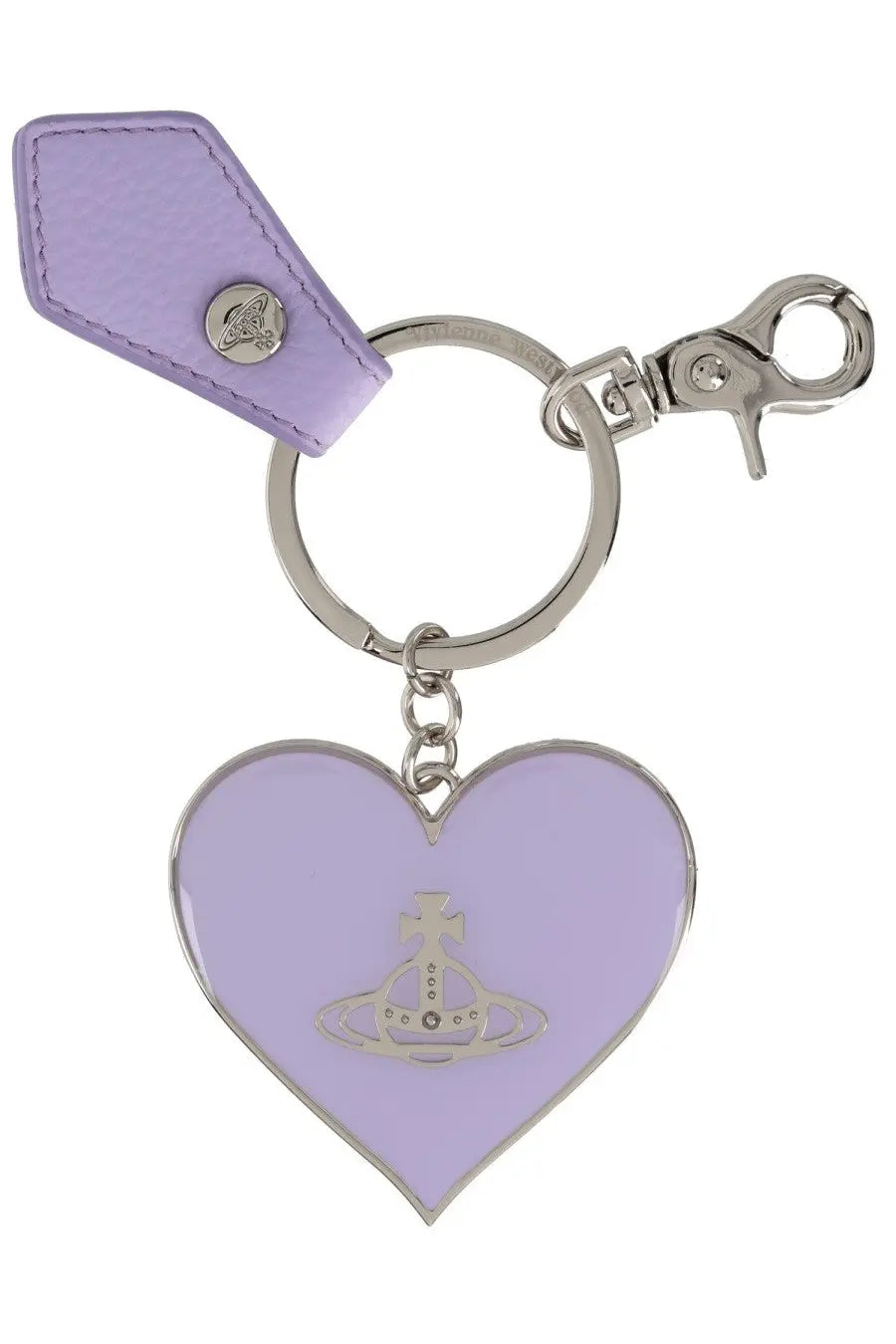 Lavender vivienne westwood women’s mirror heart keychain with silver orb logo leather tag metal clasp and ring