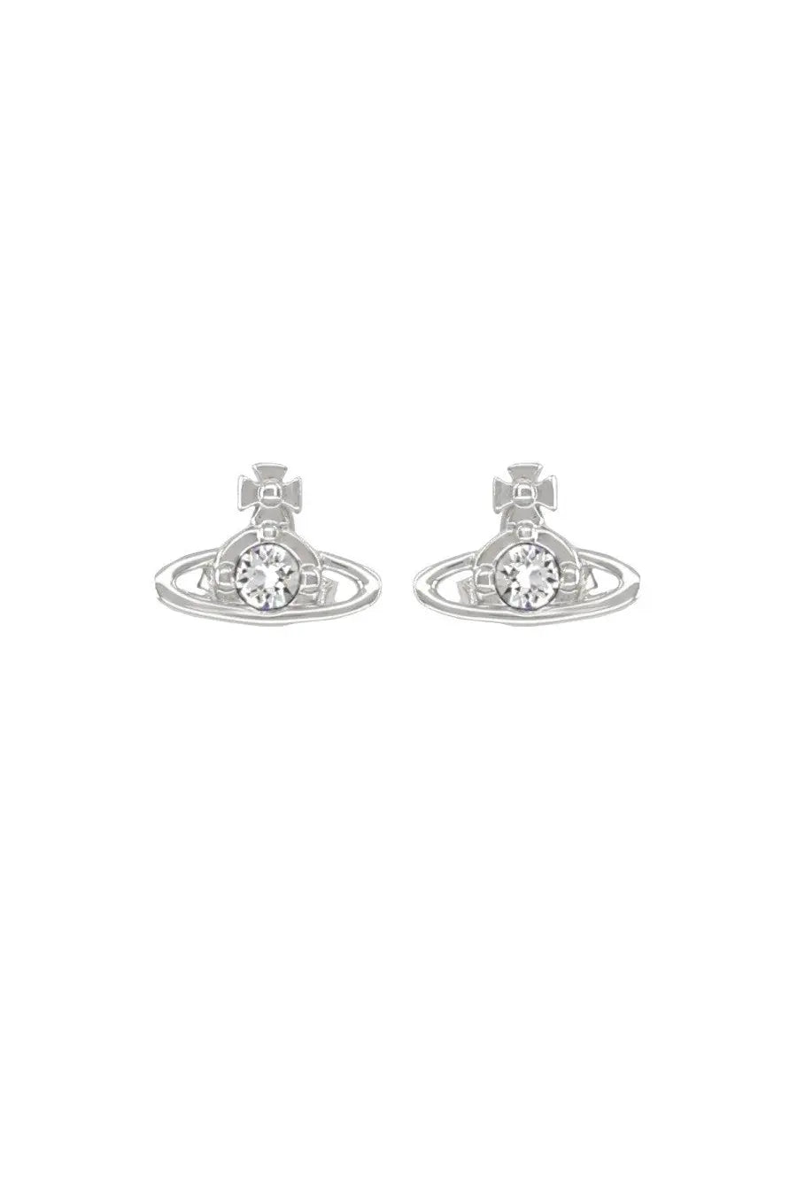 Vivienne Westwood women’s silver stud earrings with central clear crystal encircled by ring and topped with small bow