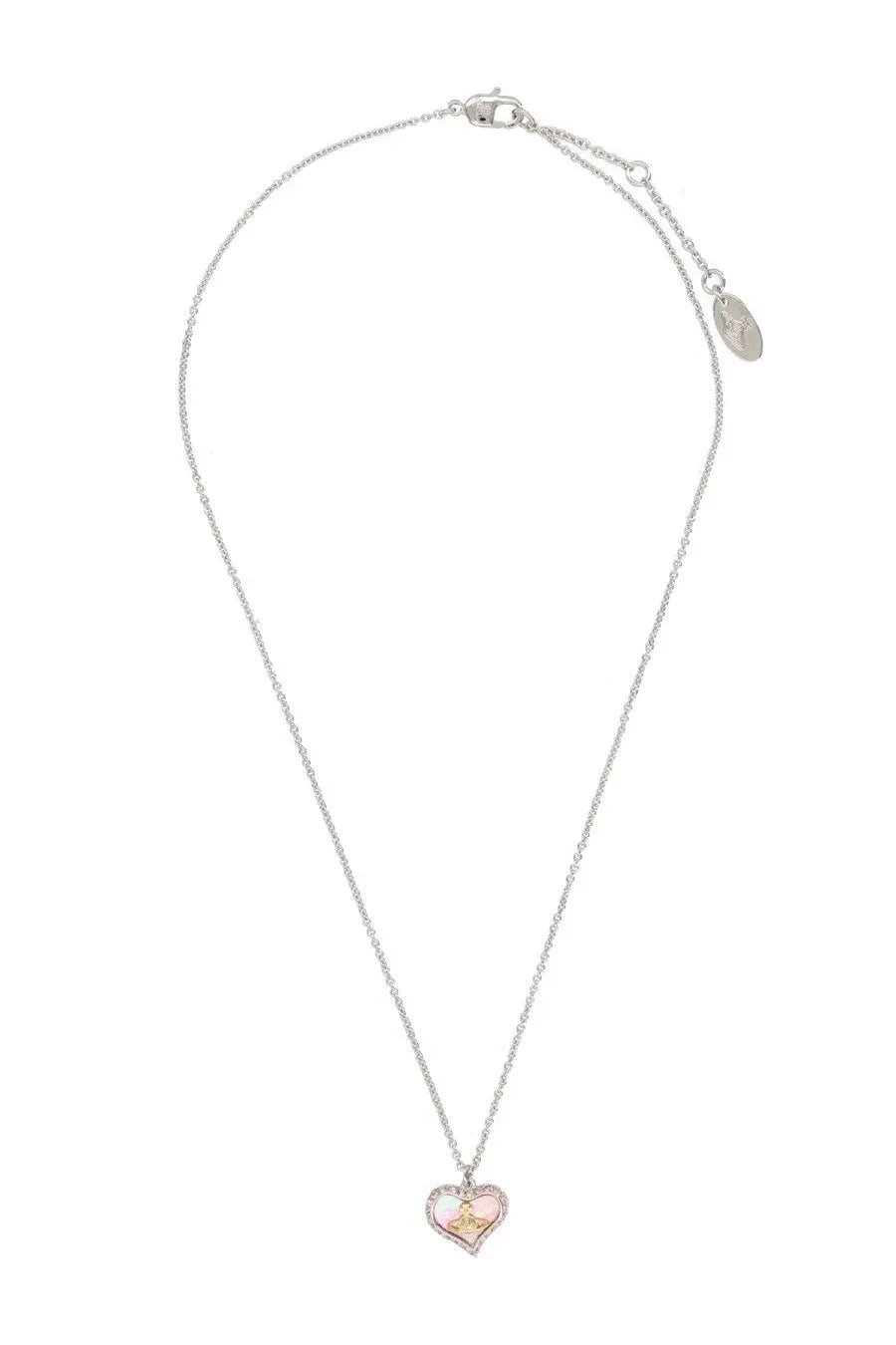 Vivienne Westwood women’s gold necklace with delicate silver chain and heart-shaped pink enamel pendant with logo