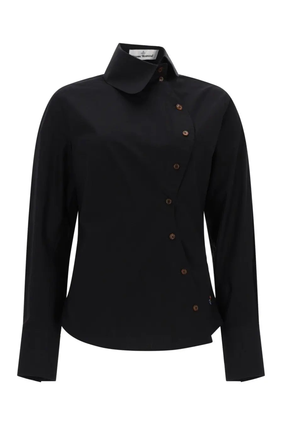 Vivienne Westwood women’s nice black long-sleeved shirt with stand-up collar and diagonal brown button closure