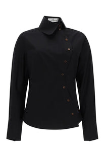 Vivienne Westwood women’s nice black long-sleeved shirt with stand-up collar and diagonal brown button closure