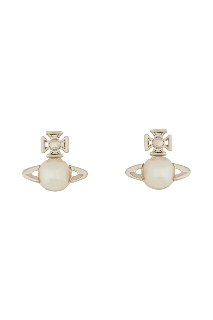 Vivienne Westwood women’s orecchini balbina silver stud earrings with central pearl orb encircled by rings and cross motif