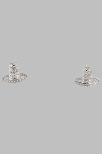 Vivienne Westwood women’s silver stud earrings with planet-inspired design and cross-shaped crystal-encrusted top