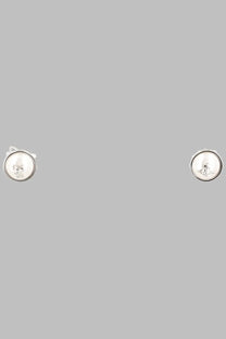 Vivienne Westwood women’s silver stud earrings featuring circular design with central cat face and textured border