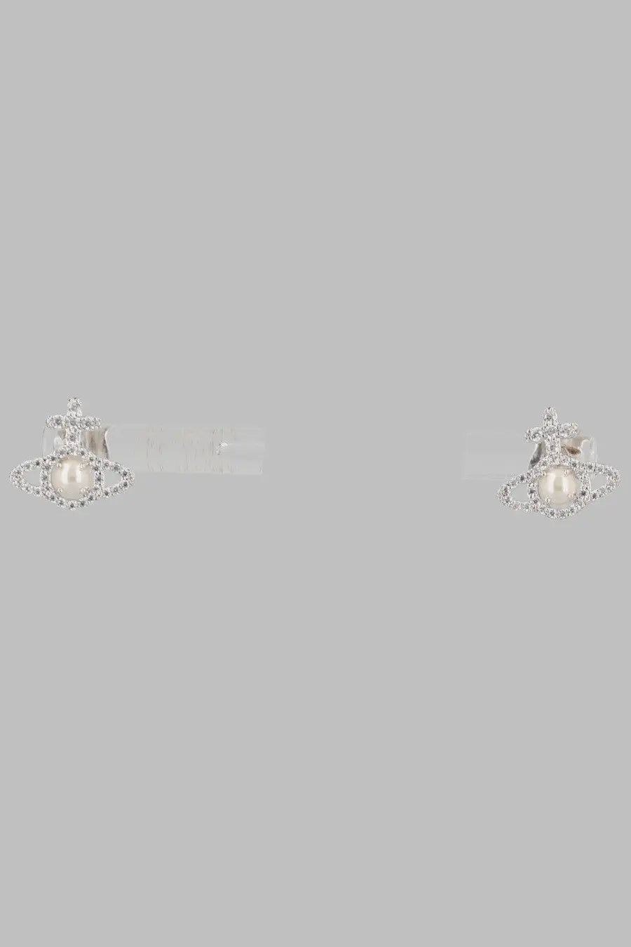 Vivienne Westwood women’s silver stud earrings with central pearl and crystal halo in Saturn motif design