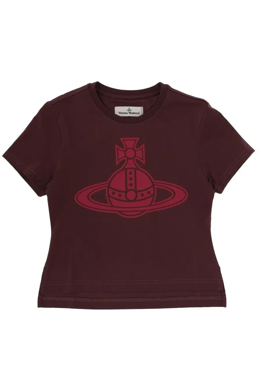 A maroon short-sleeved Vivienne Westwood women’s shirt with a bold red Paris Orb logo print on the front