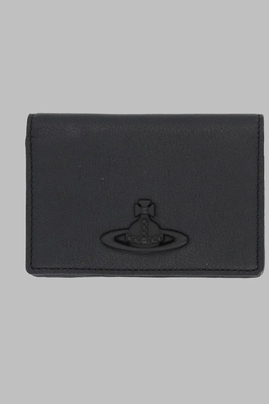 Black leather vivienne westwood womens portacarte flap card case with debossed orb logo in black
