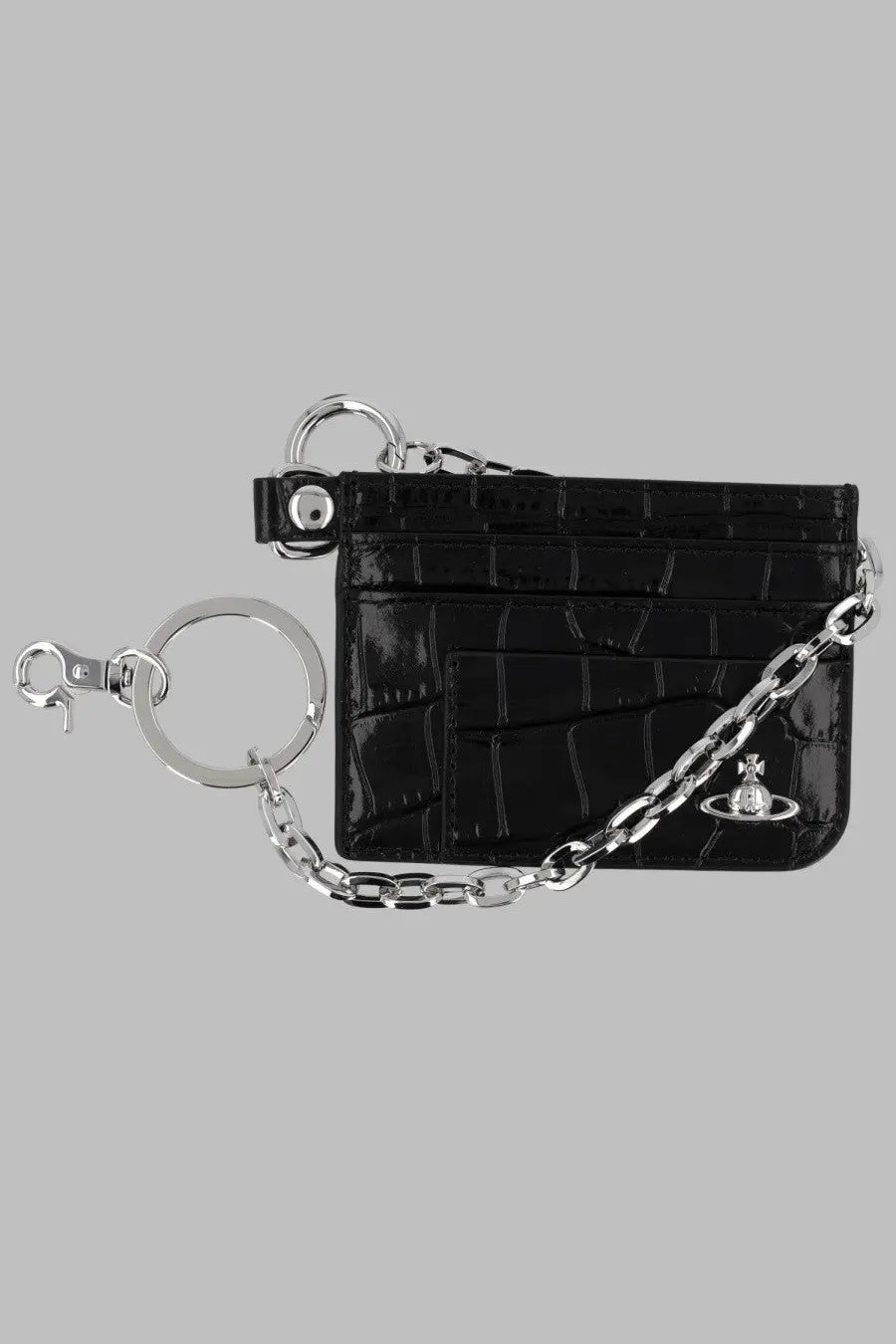 Vivienne westwood women’s portacarte flat chaine black black crocodile-embossed leather card holder with silver chain and key ring