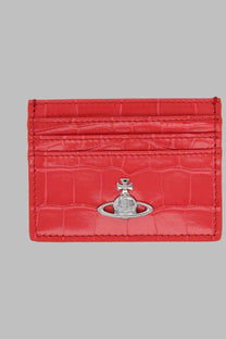 Vivienne Westwood women’s red crocodile embossed leather card holder with silver orb logo front view