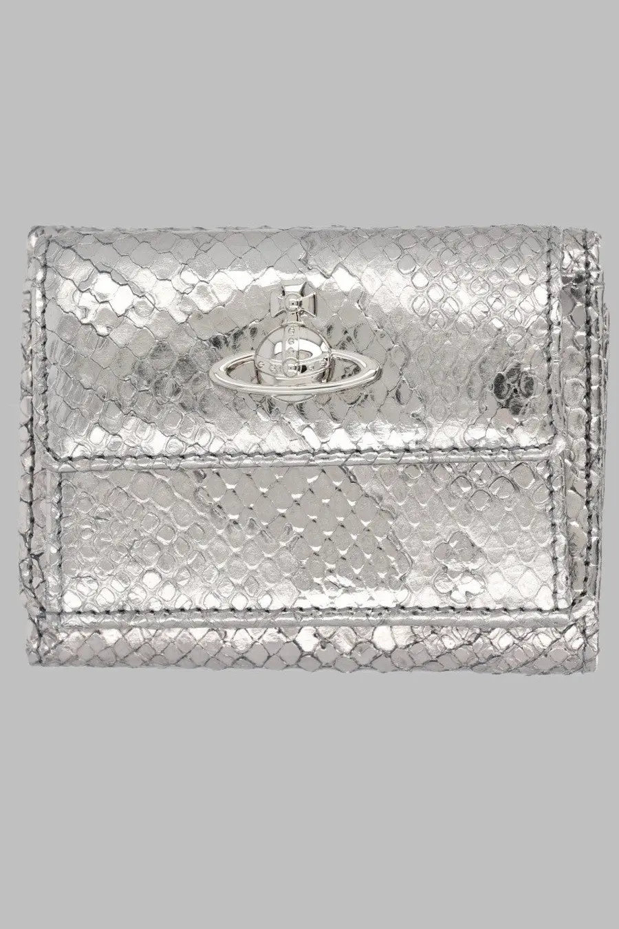 Vivienne Westwood women’s silver metallic wallet with snakeskin texture and orb logo clasp in grey
