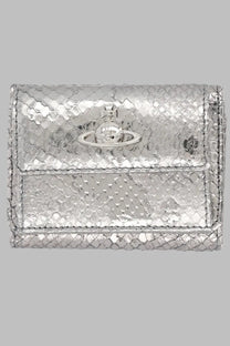 Vivienne Westwood women’s silver metallic wallet with snakeskin texture and orb logo clasp in grey