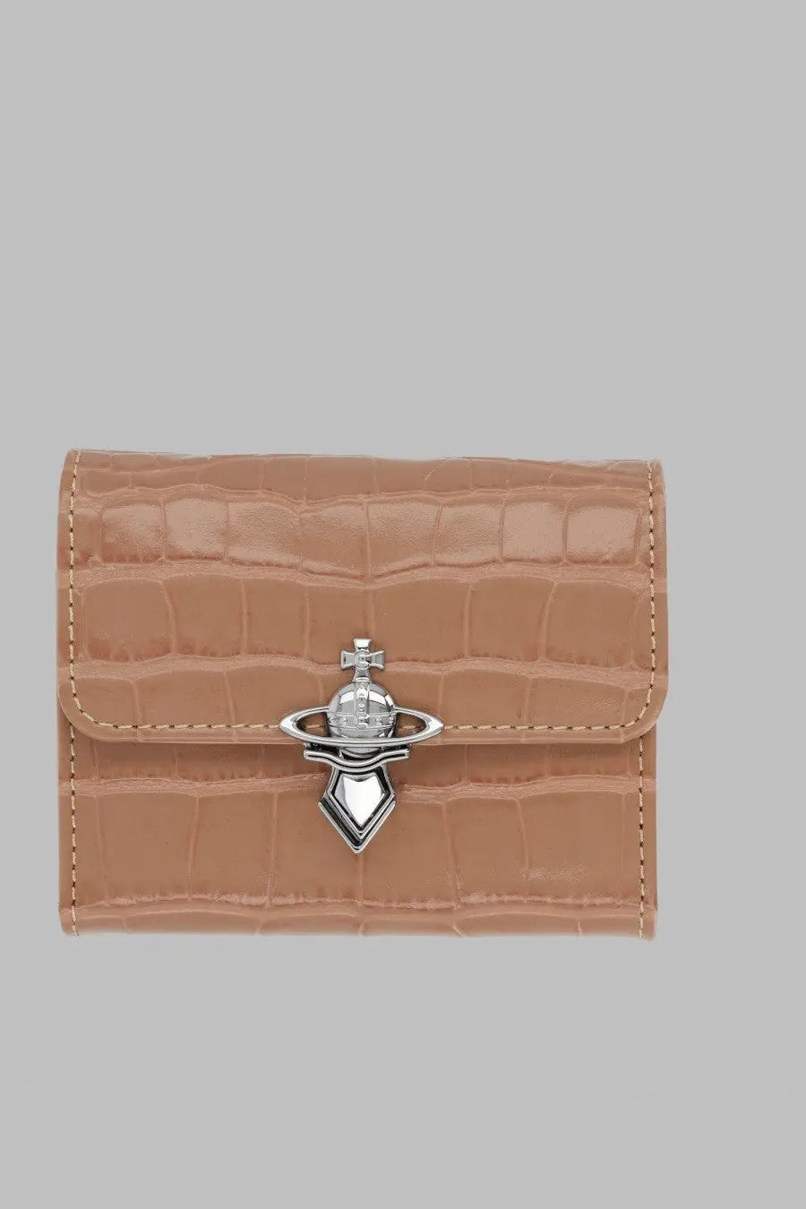 Beige crocodile-embossed leather mini wallet with silver-toned venus logo clasp by vivienne westwood