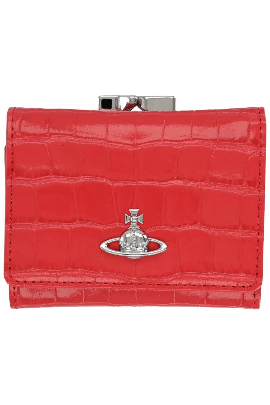Vivienne Westwood women’s small frame portfolio red croc-embossed patent leather mini clutch with silver planet logo clasp