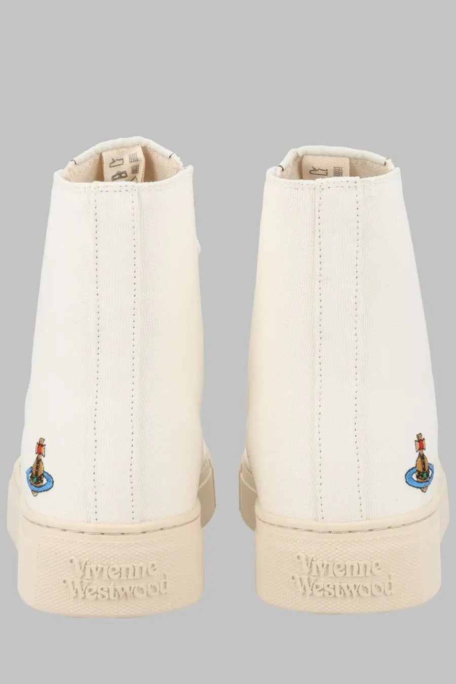 Back view of cream-colored vivienne westwood women’s high-top plimsoll sneakers with embroidered logo on the heel