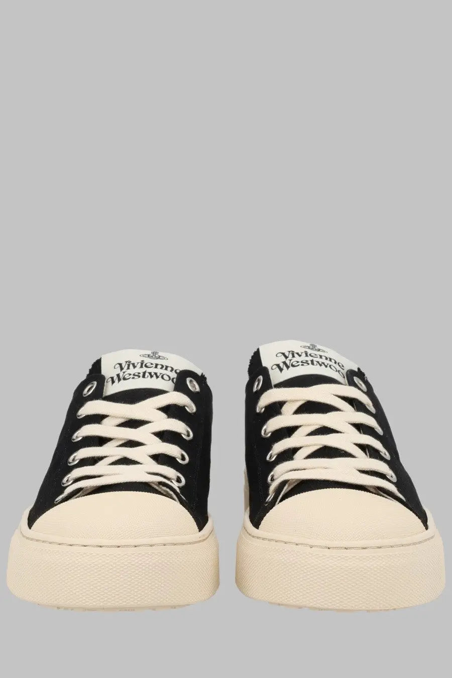 Vivienne Westwood women’s black canvas low top plimsoll sneakers with cream soles and laces and white tongue label