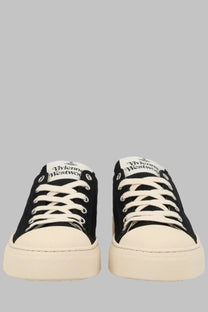 Vivienne Westwood women’s black canvas low top plimsoll sneakers with cream soles and laces and white tongue label