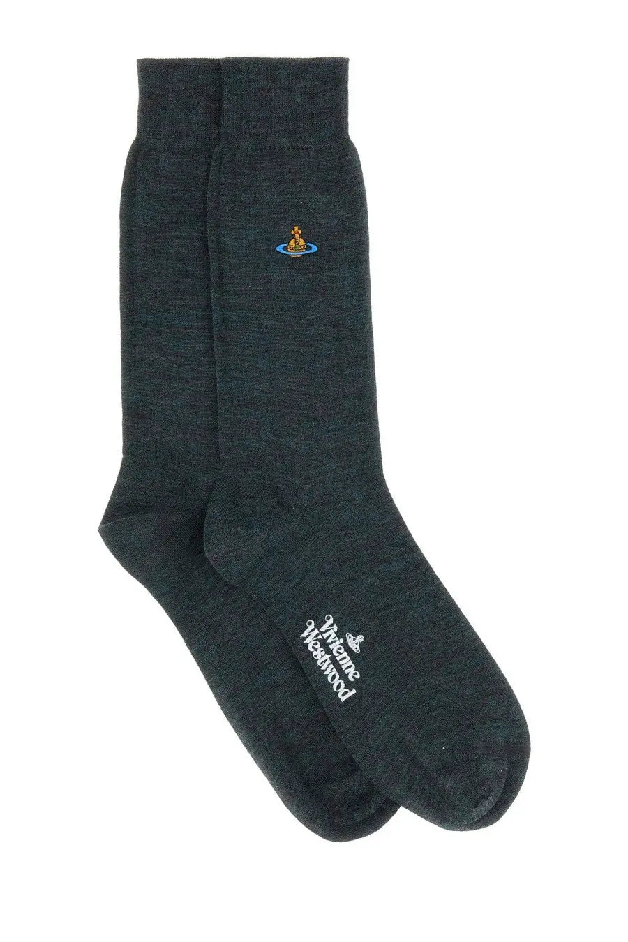 Vivienne Westwood women’s dark heathered gray crew socks with embroidered logo on ankle and brand name near toe