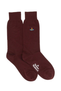 Vivienne Westwood women’s burgundy crew socks with embroidered ankle logo and white script branding near the toe