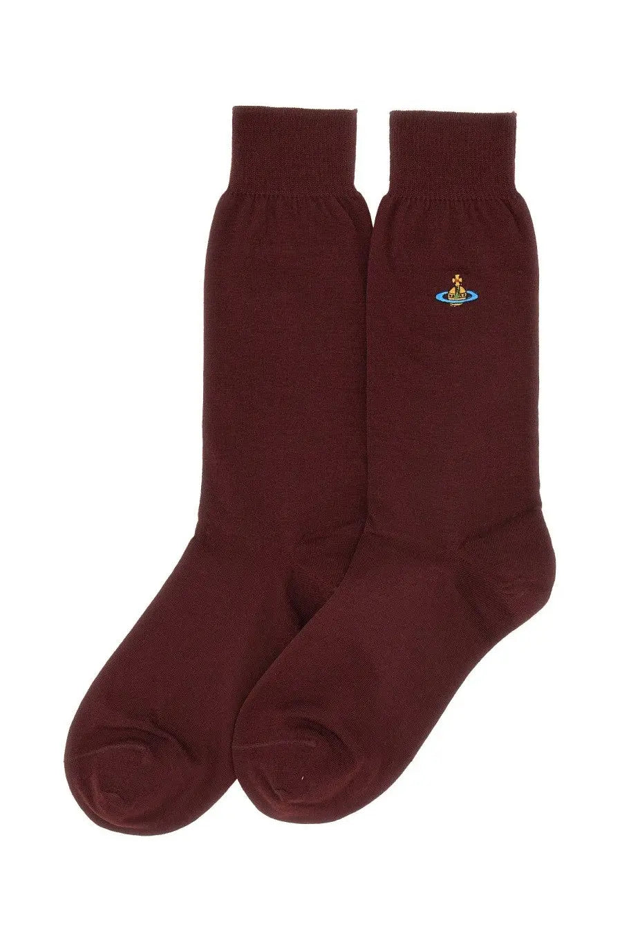 Vivienne westwood women’s red crew-length socks with small embroidered logo on ankle in maroon color