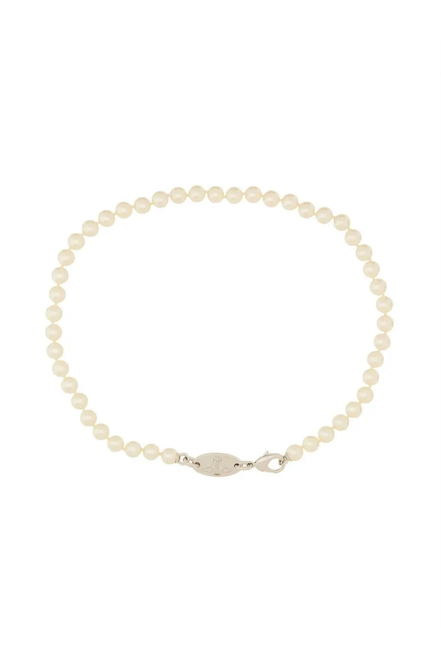 A delicate ivory pearl bracelet with a sleek silver clasp and oval tag from vivienne westwood womens stuart necklace silver collection